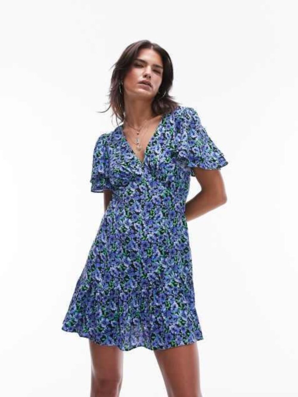 Topshop Blue Floral Flutter Sleeve Flounce Dress | US 12 UK 16